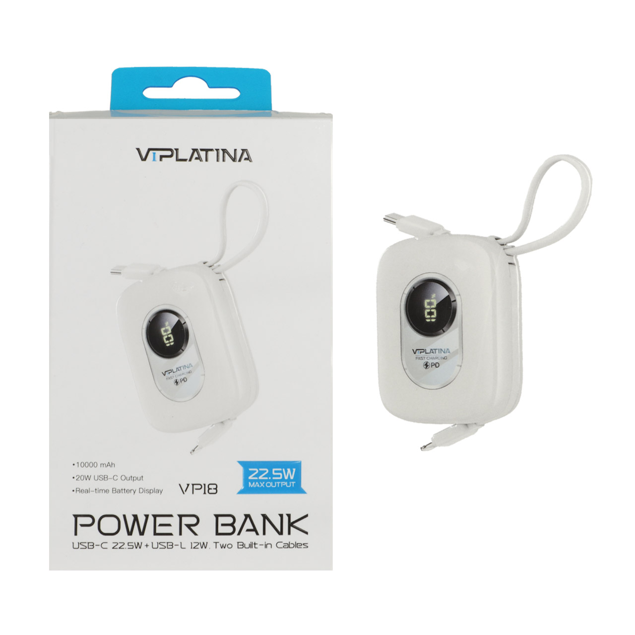 پاوربانک فست شارژ VIPLATINA 10000mAh مدل VP18 22.5W - سفید (گارانتی 18 ماه تعویض نیکان همراه)